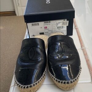 CHANEL Black Espadrille Slides